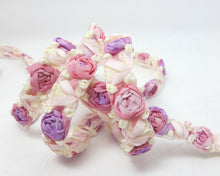 Load image into Gallery viewer, 5/8 Inch Embroidered Rose Bud|Purple and Pink|Colorful Flower Ribbon Trim|Scrapbook|Doll Lace|Quilt|Sewing Couture|Supplies|Craft DIY|WR3087