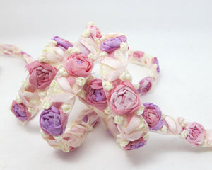 5/8 Inch Embroidered Rose Bud|Purple and Pink|Colorful Flower Ribbon Trim|Scrapbook|Doll Lace|Quilt|Sewing Couture|Supplies|Craft DIY|WR3087