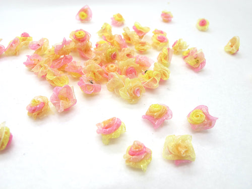 30 Pieces Chiffon Rose Flower Buds|Mix Pink Yellow Ombre|Flower Applique|Fabric Flower|Baby Doll|Craft Bow|Accessories Making