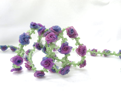 Special Edition|Compact Blue and Purple Ombre Rose Buds on Woven Rococo Ribbon Trim|Decorative Floral Ribbon|Scrapbook|Clothing Supplies