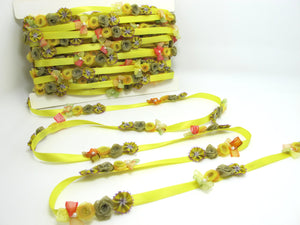 Yellow Flower Rococo Ribbon Trim|Decorative Floral Satin Ribbon|Scrapbook Materials|Clothing|Decor|Craft Supplies|Doll Trim Embellishment