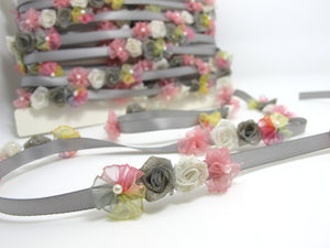 Grey & Pink Flower Rococo Ribbon Trim|Decorative Floral Satin Ribbon|Scrapbook Materials|Clothing|Decor|Craft Supplies|Doll Embellishment