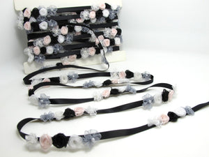 Black & Gray Flower Rococo Ribbon Trim|Decorative Floral Satin Ribbon|Scrapbook Materials|Clothing|Decor|Craft Supplies|Doll Embellishment