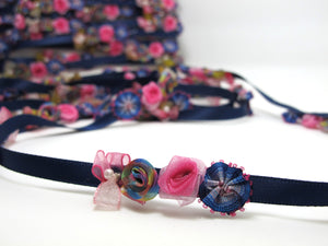 Navy Flower Rococo Ribbon Trim|Decorative Floral Satin Ribbon|Scrapbook Materials|Clothing|Decor|Craft Supplies|Doll Trim Embellishment