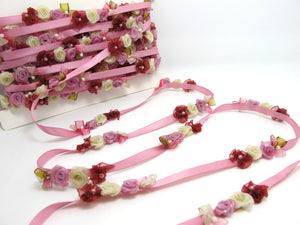 Pink Fuchsia Flower Rococo Ribbon Trim|Decorative Floral Satin Ribbon|Scrapbook Materials|Clothing|Decor|Craft Supplies|Doll Embellishment