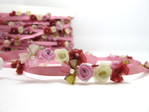 Pink Fuchsia Flower Rococo Ribbon Trim|Decorative Floral Satin Ribbon|Scrapbook Materials|Clothing|Decor|Craft Supplies|Doll Embellishment