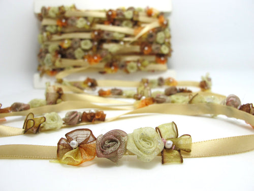 Gold & Brown Flower Rococo Ribbon Trim|Decorative Floral Satin Ribbon|Scrapbook Materials|Clothing|Decor|Craft Supplies|Doll Embellishment