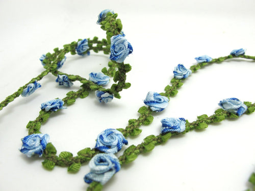 2 Yards Woven Rococo Ribbon Trim with Blue Rose Flower Buds|Decorative Floral Ribbon|Scrapbook Materials|Decor|Craft Supplies