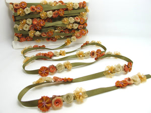 Olive & Orange Flower Rococo Ribbon Trim|Decorative Floral Satin Ribbon|Scrapbook Materials|Clothing|Decor|Craft Supplies|Doll Embellishment