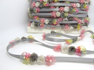 Grey & Pink Flower Rococo Ribbon Trim|Decorative Floral Satin Ribbon|Scrapbook Materials|Clothing|Decor|Craft Supplies|Doll Embellishment