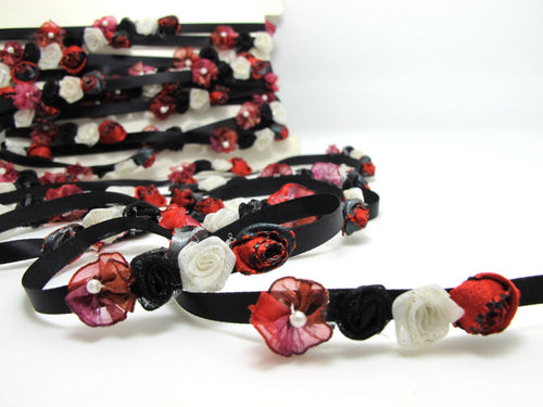 Black & Red Flower Rococo Ribbon Trim|Decorative Floral Satin Ribbon|Scrapbook Materials|Clothing|Decor|Craft Supplies|Doll Embellishment
