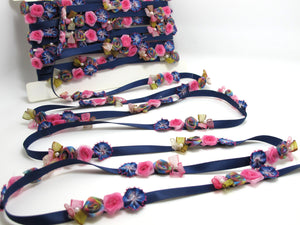 Navy Flower Rococo Ribbon Trim|Decorative Floral Satin Ribbon|Scrapbook Materials|Clothing|Decor|Craft Supplies|Doll Trim Embellishment