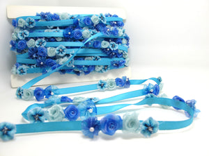 Blue Flower Rococo Ribbon Trim|Decorative Floral Satin Ribbon|Scrapbook Materials|Clothing|Decor|Craft Supplies|Doll Trim Embellishment