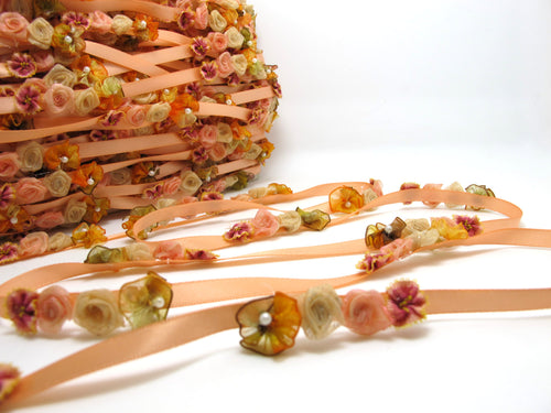 Orange Peach Flower Rococo Ribbon Trim|Decorative Floral Satin Ribbon|Scrapbook Materials|Clothing|Decor|Craft Supplies|Doll Embellishment