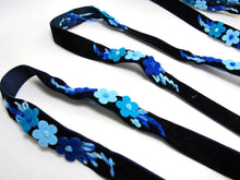 Load image into Gallery viewer, 5/8 Inch Blue Felt Flower with Yarn Embroidery on Navy Velvet Ribbon|Sewing|Quilting|Craft Supplies|Hair Accessories|Necklace DIY|Costumes
