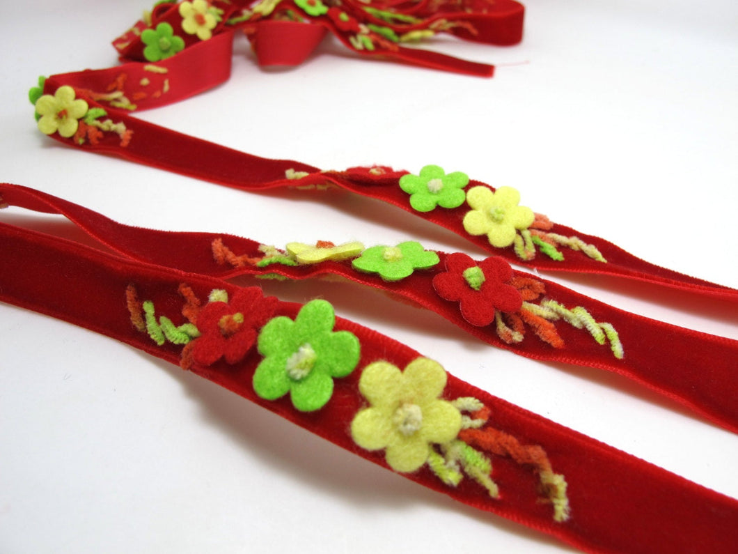 5/8 Inch Felt Flower with Yarn Embroidery on Red Velvet Ribbon|Sewing|Quilting|Craft Supplies|Hair Accessories|Necklace DIY|Costumes