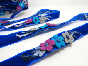 5/8 Inch Felt Flower with Yarn Embroidery on Blue Velvet Ribbon|Sewing|Quilting|Craft Supplies|Hair Accessories|Necklace DIY|Costumes