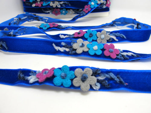 5/8 Inch Felt Flower with Yarn Embroidery on Blue Velvet Ribbon|Sewing|Quilting|Craft Supplies|Hair Accessories|Necklace DIY|Costumes