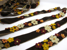 Load image into Gallery viewer, 1 Inch Brown Felt Flower with Yarn Embroidery on Brown Velvet Ribbon|Sewing|Quilting|Craft Supplies|Hair Accessories|Necklace DIY|Costumes
