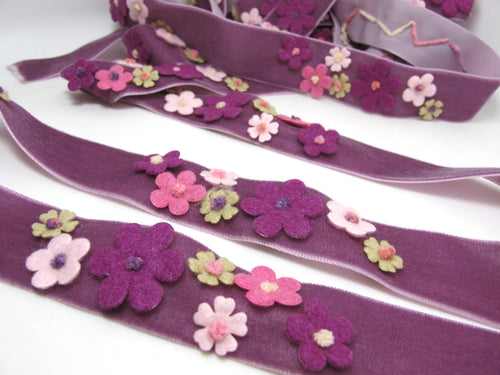 1 Inch Pink Felt Flower with Yarn Embroidery on Purple Velvet Ribbon|Sewing|Quilting|Craft Supplies|Hair Accessories|Necklace DIY|Costumes