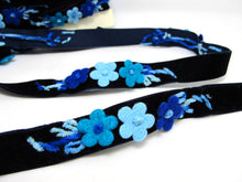 画像をギャラリービューアに読み込む, 5/8 Inch Blue Felt Flower with Yarn Embroidery on Navy Velvet Ribbon|Sewing|Quilting|Craft Supplies|Hair Accessories|Necklace DIY|Costumes