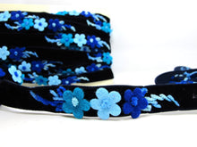 画像をギャラリービューアに読み込む, 5/8 Inch Blue Felt Flower with Yarn Embroidery on Navy Velvet Ribbon|Sewing|Quilting|Craft Supplies|Hair Accessories|Necklace DIY|Costumes