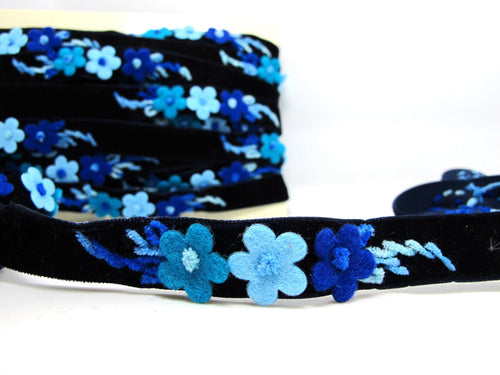 5/8 Inch Blue Felt Flower with Yarn Embroidery on Navy Velvet Ribbon|Sewing|Quilting|Craft Supplies|Hair Accessories|Necklace DIY|Costumes
