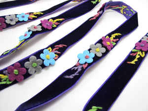 5/8 Inch Felt Flower with Yarn Embroidery on Purple Velvet Ribbon|Sewing|Quilting|Craft Supplies|Hair Accessories|Necklace DIY|Costumes