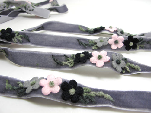 5/8 Inch Felt Flower with Yarn Embroidery on Gray Velvet Ribbon|Sewing|Quilting|Craft Supplies|Hair Accessories|Necklace DIY|Costumes
