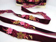 Load image into Gallery viewer, 5/8 Inch Felt Flower with Yarn Embroidery on Burgundy Velvet Ribbon|Sewing|Quilting|Craft Supplies|Hair Accessories|Necklace DIY|Costumes
