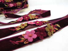 Load image into Gallery viewer, 5/8 Inch Felt Flower with Yarn Embroidery on Burgundy Velvet Ribbon|Sewing|Quilting|Craft Supplies|Hair Accessories|Necklace DIY|Costumes