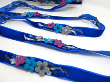 画像をギャラリービューアに読み込む, 5/8 Inch Felt Flower with Yarn Embroidery on Blue Velvet Ribbon|Sewing|Quilting|Craft Supplies|Hair Accessories|Necklace DIY|Costumes