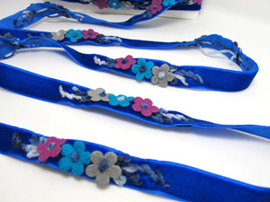 5/8 Inch Felt Flower with Yarn Embroidery on Blue Velvet Ribbon|Sewing|Quilting|Craft Supplies|Hair Accessories|Necklace DIY|Costumes