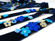 Load image into Gallery viewer, 1 Inch Blue Felt Flower with Yarn Embroidery on Blue Velvet Ribbon|Sewing|Quilting|Craft Supplies|Hair Accessories|Necklace DIY|Costumes