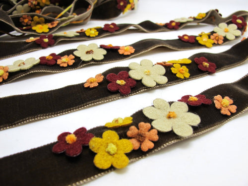 1 Inch Brown Felt Flower with Yarn Embroidery on Brown Velvet Ribbon|Sewing|Quilting|Craft Supplies|Hair Accessories|Necklace DIY|Costumes