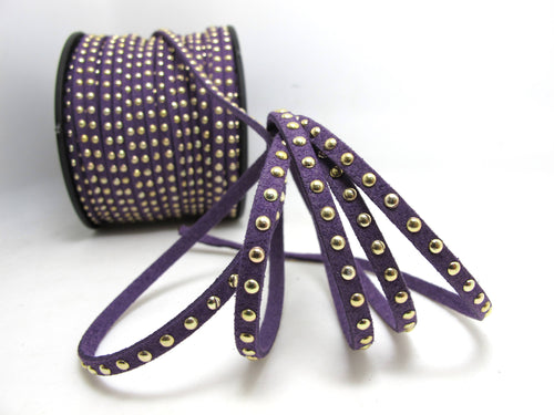 2 Yards 5mm Studded Faux Suede Leather Cord|Purple|Gold Studs|Faux Leather String Jewelry Findings|Microfiber Craft Supplies