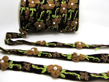 画像をギャラリービューアに読み込む, 5/8 Inch Brown Embroidered Velvet Ribbon with Felt Flower|Sewing|Quilting|Jewelry Design|Embellishment|Decorative|Acrylic Felt Flower