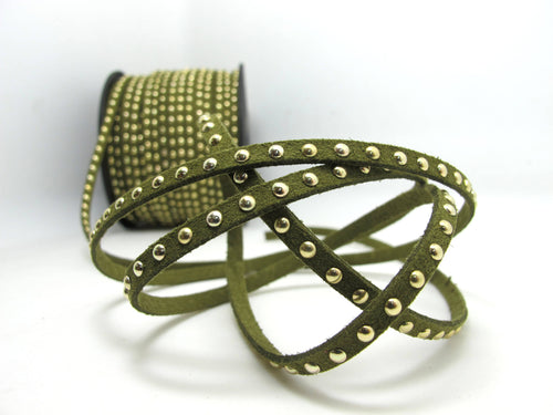 2 Yards 5mm Olive Green Gold Studded Faux Suede Leather Cord|Faux Leather String Jewelry Findings|Microfiber Craft Supplies|Accessories