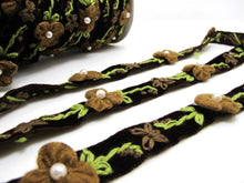 Charger l&#39;image dans la galerie, 5/8 Inch Brown Embroidered Velvet Ribbon with Felt Flower|Sewing|Quilting|Jewelry Design|Embellishment|Decorative|Acrylic Felt Flower