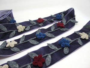 2 Inches Dark Gray Felt Flower Velvet Trim|Embroidered Floral Ribbon|Clothing Belt|Vintage Costume|Sewing Supplies|Decorative Embellishment
