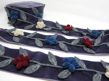 Load image into Gallery viewer, 2 Inches Dark Gray Felt Flower Velvet Trim|Embroidered Floral Ribbon|Clothing Belt|Vintage Costume|Sewing Supplies|Decorative Embellishment