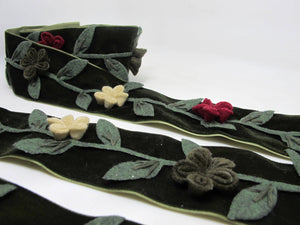 2 Inches Dark Green Felt Flower Velvet Trim|Embroidered Floral Ribbon|Clothing Belt|Vintage Costume|Sewing Supplies|Decorative Embellishment