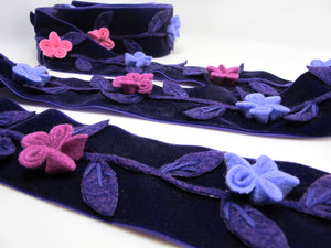 2 Inches Purple Felt Flower Velvet Trim|Embroidered Floral Ribbon|Clothing Belt|Vintage Costume|Sewing Supplies|Decorative Embellishment