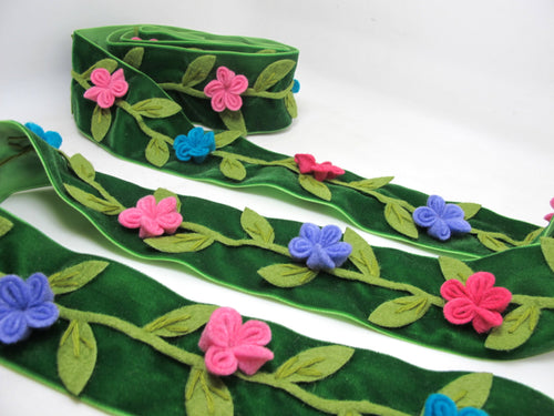 2 Inches Green Felt Flower Velvet Trim|Embroidered Floral Ribbon|Clothing Belt|Vintage Costume|Sewing Supplies|Decorative Embellishment