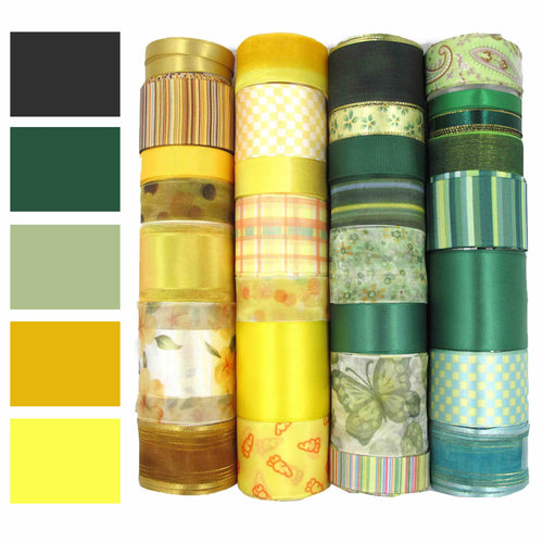 Green and Yellow Ribbon Set|Grosgrain Ribbon|Satin Ribbon|Organza Ribbon|Hair Bow Supplies|Scrapbook|Craft supplies|Party Decor|Giftwrap