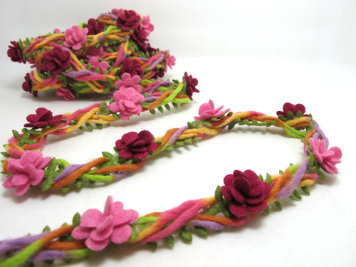 3/4 Inch Fuchsia Braided Felt Trim with Felt Flower|Headband Trim|Sewing|Quilting|Craft Supplies|Hair Accessories|Necklace DIY