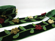 Load image into Gallery viewer, 2 Inches Dark Green Felt Flower Velvet Trim|Embroidered Floral Ribbon|Clothing Belt|Vintage Costume|Sewing Supplies|Decorative Embellishment