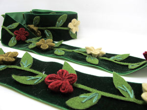 2 Inches Dark Green Felt Flower Velvet Trim|Embroidered Floral Ribbon|Clothing Belt|Vintage Costume|Sewing Supplies|Decorative Embellishment