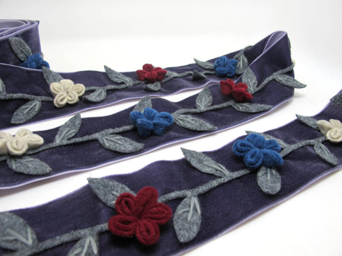 2 Inches Dark Gray Felt Flower Velvet Trim|Embroidered Floral Ribbon|Clothing Belt|Vintage Costume|Sewing Supplies|Decorative Embellishment