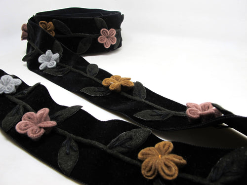 2 Inches Dark Brown Felt Flower Velvet Trim|Embroidered Floral Ribbon|Clothing Belt|Vintage Costume|Sewing Supplies|Decorative Embellishment